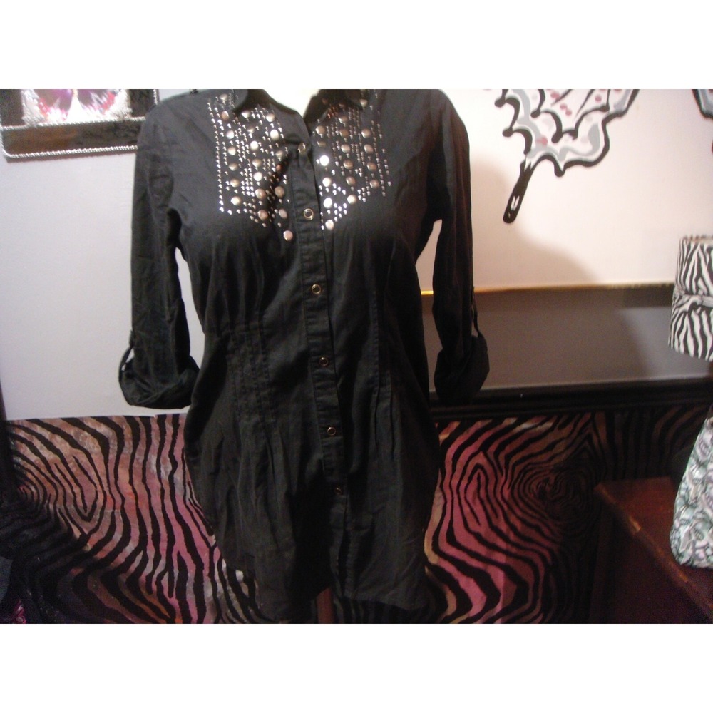 Almost Famous juniors L black shirt top snap button front stud accents
